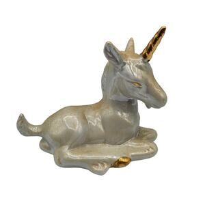 Vintage 1990s Porcelain Unicorn Figurine Pearlized Cream and Gold